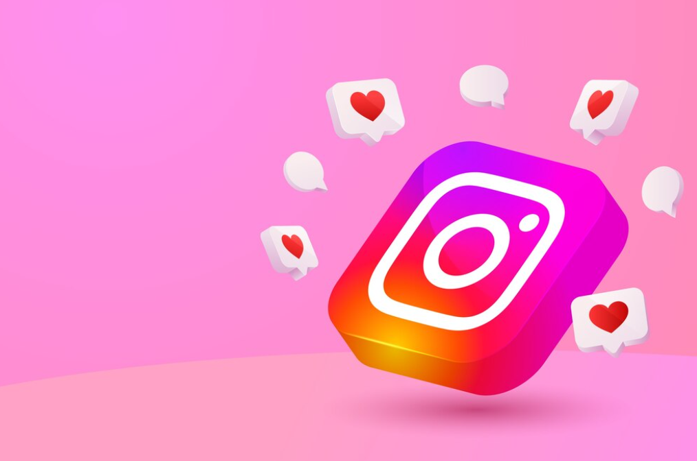 Instagram logo surrounded by likes and comments icons on pink