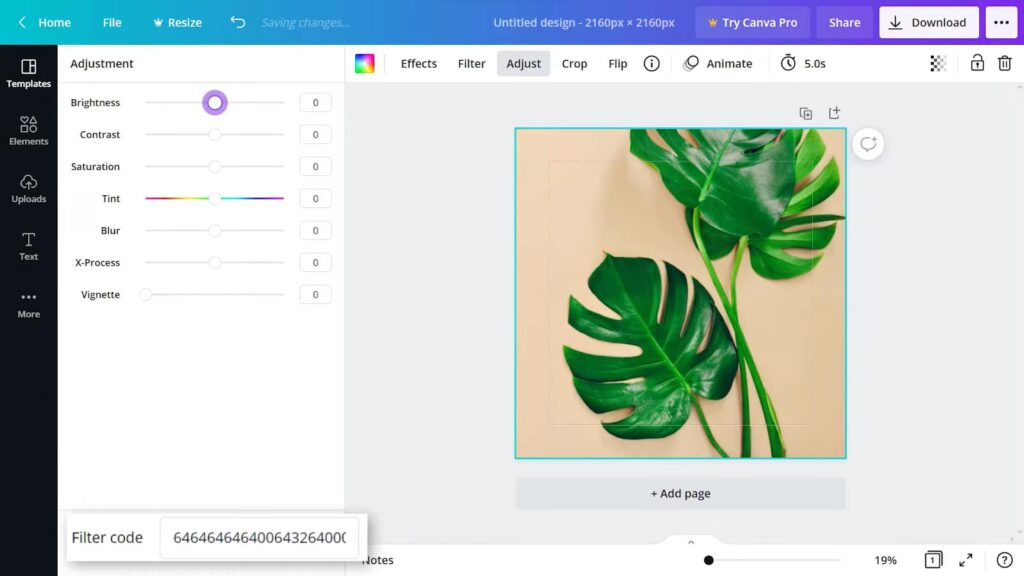 a screenshot of canva tool with a menu and photo of green leaves